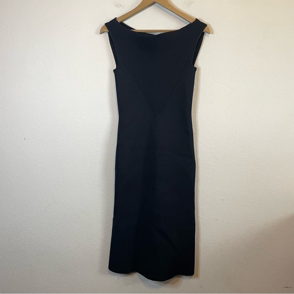 Scanlan Theodore Black Wide Neck Scuba Crepe Knit Mini Dress Kick Pleat Size SM